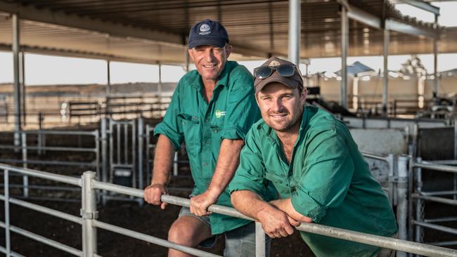 Hamish Thompson (foreground) with his Dad, Dave at Moojepin Merinos near Katanning in Western Australia. Picture: Tony McDonough