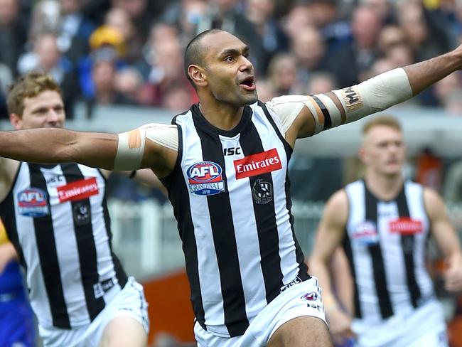 Travis Varcoe celebrates kicking the first goal in the 2018 AFL Grand Final Collingwood v West Coast Eagles at the MCG.  Picture: Nicole Garmston