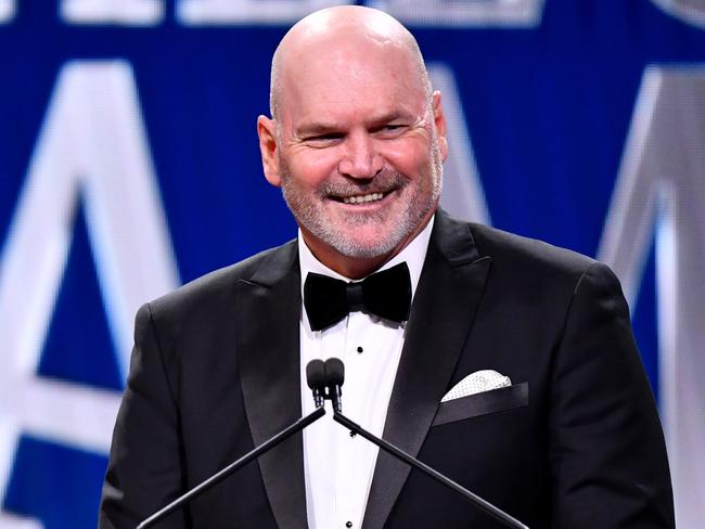 MELBOURNE, AUSTRALIA - JUNE 18: Jason Dunstall, AFL Hall of Fame Legend addresses the room during the Australian Football Hall of Fame at Centrepiece on June 18, 2024 in Melbourne, Australia. (Photo by Josh Chadwick/AFL Photos/via Getty Images)