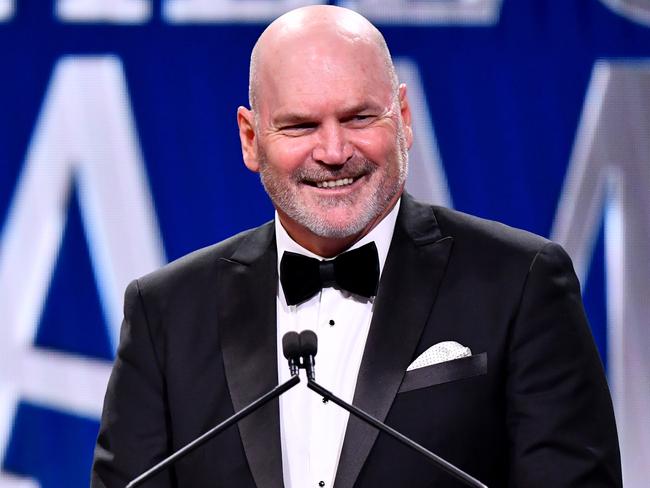 MELBOURNE, AUSTRALIA - JUNE 18: Jason Dunstall, AFL Hall of Fame Legend addresses the room during the Australian Football Hall of Fame at Centrepiece on June 18, 2024 in Melbourne, Australia. (Photo by Josh Chadwick/AFL Photos/via Getty Images)