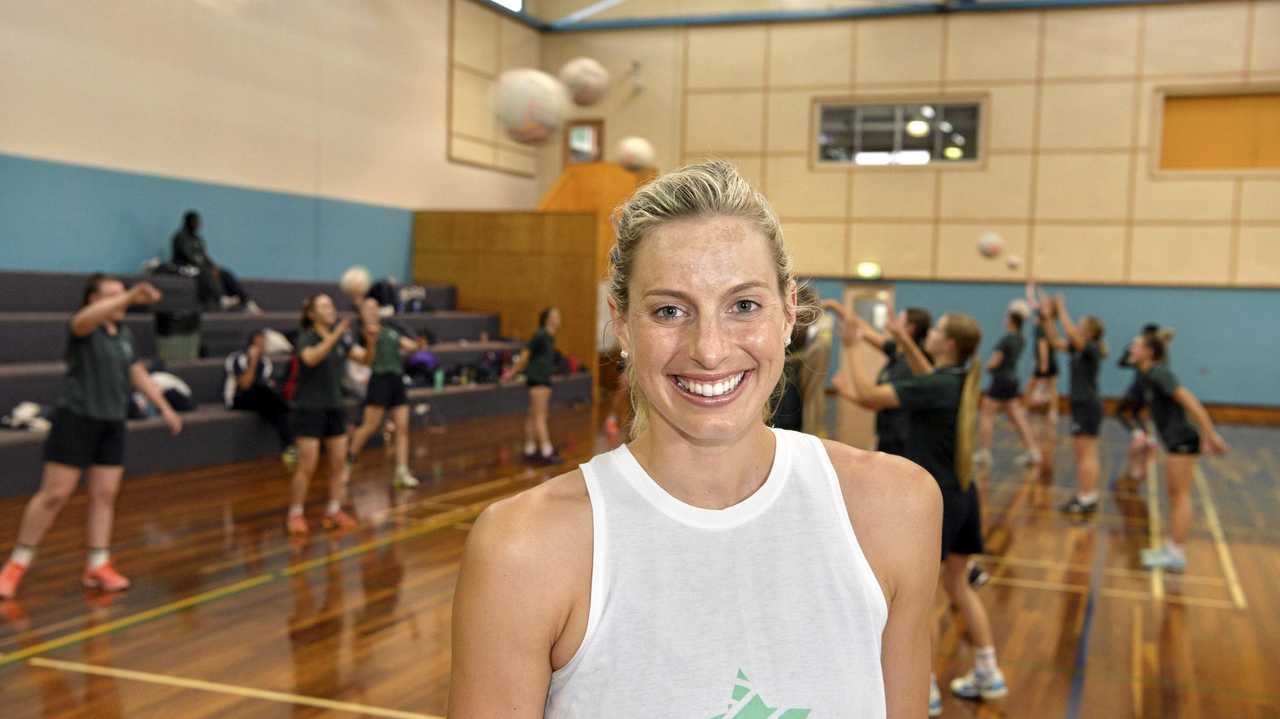 ON COURT: Queensland Firebirds defender Laura Geitz and her teammates conducted an All Stars Netball Clinic at St Ursula's College earlier this week. Picture: Kevin Farmer