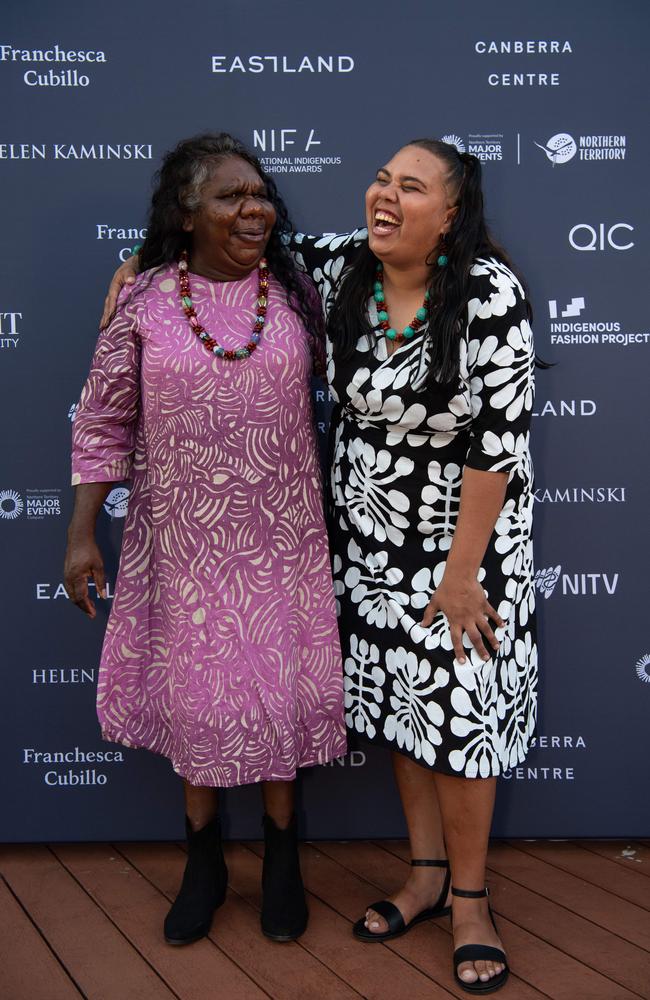 Purple Roseranna Larry and Hayley Dodd Ikuntji Artists at the 2024 National Indigenous Fashion Awards (NIFA). Picture: Pema Tamang Pakhrin