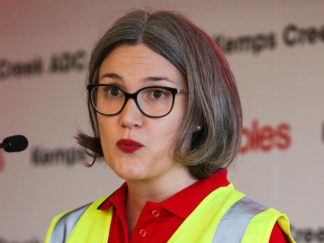 SYDNEY, AUSTRALIA : NewsWire Photos- AUGUST 06 2024. Coles Group CEO Leah Weckert makes a speech in Kemps Creek today for the official opening of the Coles Automatic Distribution Centre. Picture: NewsWire / Gaye Gerard