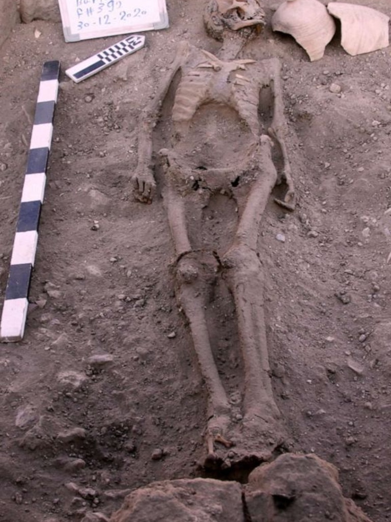 Skeletal human remains sit in the archaeological dig site in Luxor, Egypt. Picture: Zahi Hawass Centre For Egyptology via Reuters