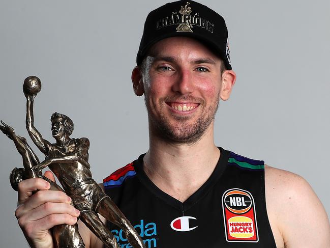 MELBOURNE, AUSTRALIA - JUNE 25: Mitch McCarron of United poses following victory in game three of the NBL Grand Final Series between Melbourne United and the Perth Wildcats at John Cain Arena, on June 25, 2021, in Melbourne, Australia. (Photo by Graham Denholm/Getty Images)