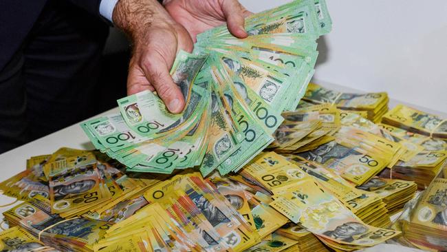 Part of the $1.8 million cash seized during Operation Ironside South Australian arrests. Picture: NCA NewsWire / Brenton Edwards