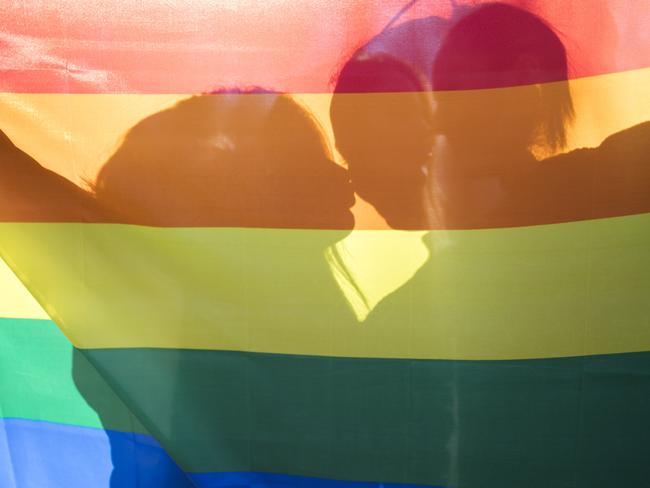 people, homosexuality, same-sex marriage, gay and love concept - close up of happy lesbian couple holding rainbow flag