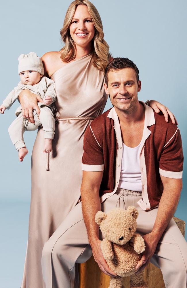 Family affair! Emily Seebohm and Ryan Gallagher with their baby, Sampson. Picture: Daniel Nadel for Stellar