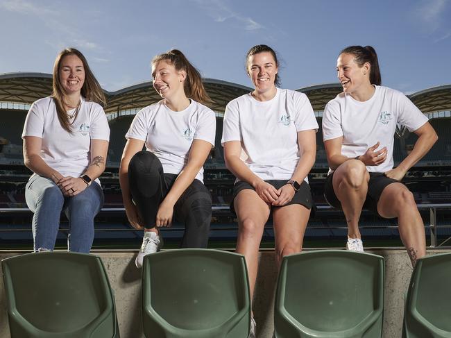 South Australia’s four-person contingent who competed for Australia in the T20 Women’s competition at the Commonwealth Games: Amanda-Jade Wellington, Darcie Brown, Tahlia McGrath, and Megan Schutt. Picture: Matt Loxton