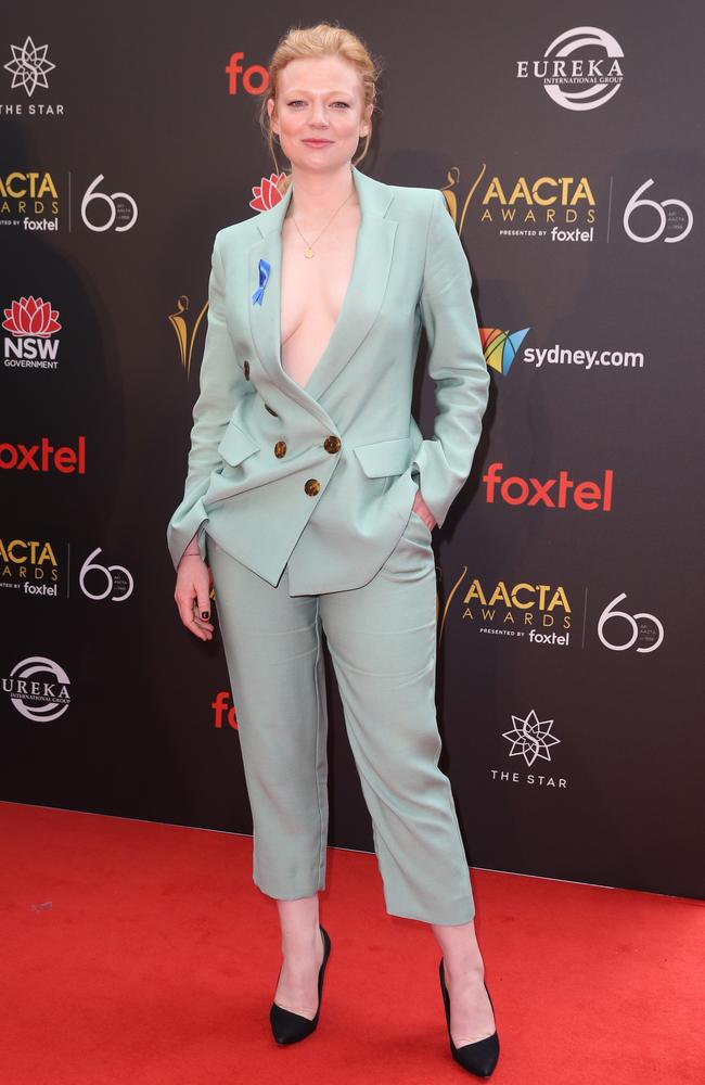 Sarah Snook wore a daring pant suit and said she was proud to represent the Australian industry. Picture: Richard Dobson