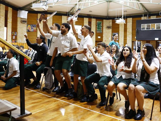 Students from Jordan Mailata’s alma mater, Condell Park High School, cheer him on in the Super Bowl on Monday. Picture: Jonathan Ng