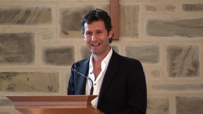 Adam Hills speaking at the funeral of John “Vinnie” Vincent in 2009. Picture: Greg Clark’s collection.