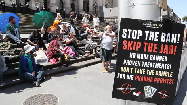 Ant-vaccination protesters on the steps of Victorian Parliamanet on Thursday. Picture: NCA NewsWire / David Crosling