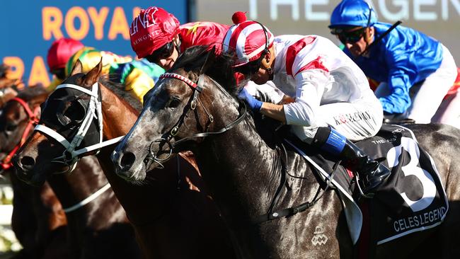 Celestial Legend (outside) and Kerrin McEvoy score a tenacious win in the Group 1 Randwick Guineas. Picture: Getty Images