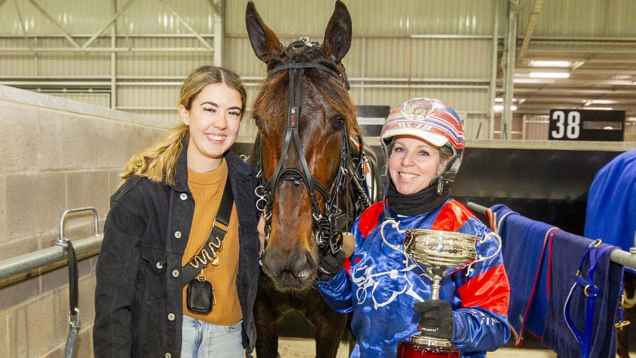 Kath Gath (right) celebrates a victory with Callmethebreeze at Kilmore. Picture: Stuart McCormick