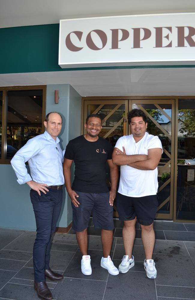 Shaun McLaren, Abdul Dumbuya and Mazhar Ahmed outside the the new Copper Bar and Grill restaurant in Palmer St.