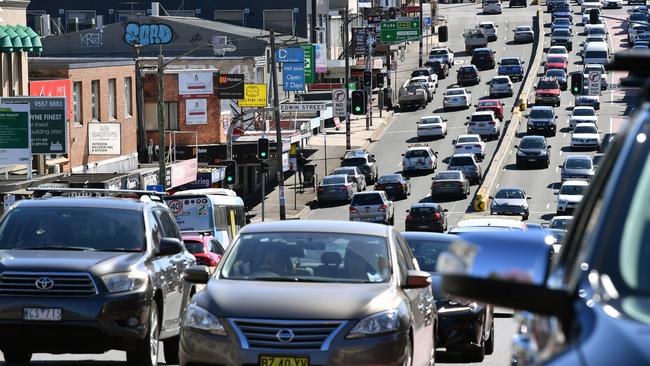 Heavy traffic travelling along Victoria Road at Drummoyne, Sydney. Picture: AAP.