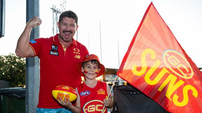 Harrison Fraunefelder and Jayden Fraunefelder at the Gold Coast Suns v Western Bulldogs 2025 AFL match at TIO Stadium. Picture: Pema Tamang Pakhrin