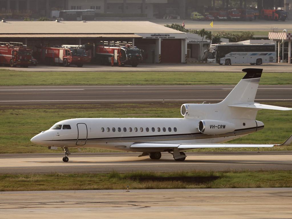 The private jet on the runway as it prepares to take off from Don Mueang Airport in Bangkok on its way to Melbourne. Picture: AFP