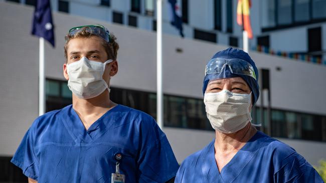 Staff at Northern Beaches Hospital in Frenchs Forest on the frontline of the COVID-19 operation. (L-R) are: Matei Andrin and Helen Meischke. Picture: Julian Andrews.