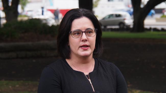 Labor MP Ella Haddad at a media conference on Parliament Lawns in Hobart.