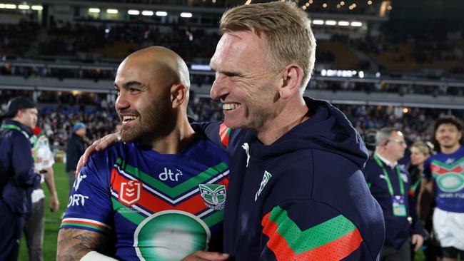 AUCKLAND, NEW ZEALAND - SEPTEMBER 16: Dylan Walker of the Warriors (L) with coach Andrew Webster (R) during the NRL Semi Final match between the New Zealand Warriors and Newcastle Knights at Go Media Stadium Mt Smart on September 16, 2023 in Auckland, New Zealand. (Photo by Fiona Goodall/Getty Images)