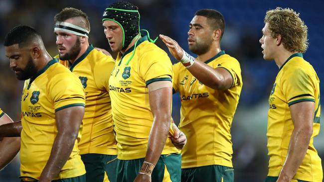 GOLD COAST, AUSTRALIA - SEPTEMBER 15: Adam Coleman of the Wallabies and teammates prepare for a scrum during The Rugby Championship match between the Australian Wallabies and Argentina Pumas at Cbus Super Stadium on September 15, 2018 in Gold Coast, Australia. (Photo by Cameron Spencer/Getty Images)