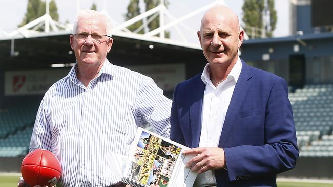 Premier Peter Gutwein with Errol Stewart at UTAS Stadium in Launceston. AFL task-force announcement. Picture: PATRICK GEE