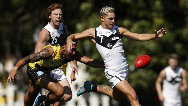 Boyd Woodcock had a game-high 33 disposals in his Southport debut. (Photo by Jonathan DiMaggio/AFL Photos/via Getty Images)