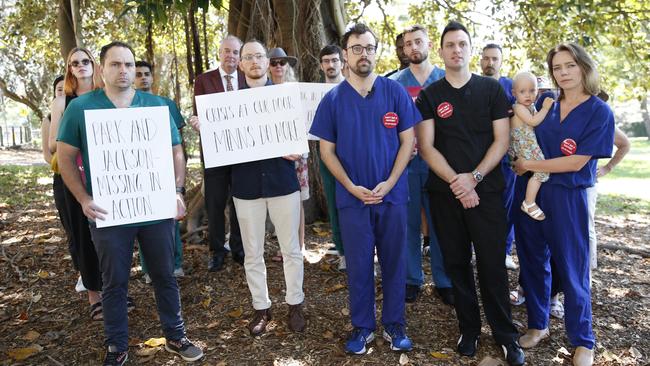 Doctors and representatives of the Australian Salaried Medical Officers Federation gather to provide a briefing on the urgent crisis facing the NSW health system from January 21. Picture: NewsWire / John Appleyard