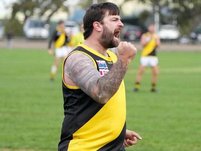 RDFNL footy: Wallan v Kyneton at Greenhill Reserve. Ryan Pretty of Kyneton celebrates his goal.Picture : George Sal