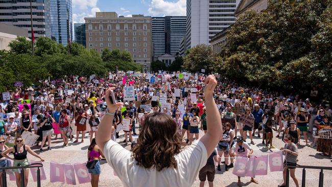 A member of the national planned parenthood association speaks to hundreds gathered near the Tennessee State Capital building in Nashville, Tennessee, as part of a nation wide protest for reproductive rights. Picture: AFP