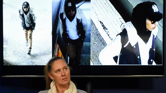 Jill Perrett, 49, calls out her train attacker during a public police appeal. Picture: Nicole Garmston