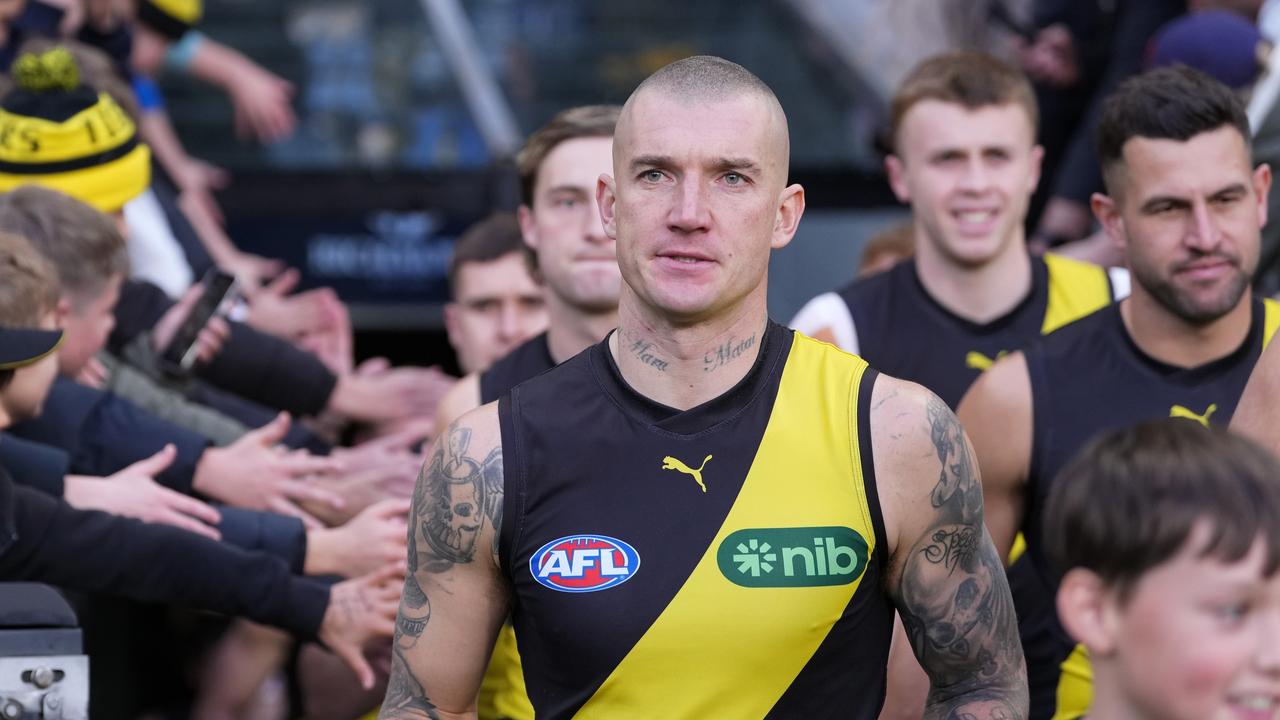 MELBOURNE, AUSTRALIA - JUNE 30: Dustin Martin of the Tigers runs out with the team during the round 16 AFL match between Richmond Tigers and Carlton Blues at Melbourne Cricket Ground, on June 30, 2024, in Melbourne, Australia. (Photo by Daniel Pockett/Getty Images)