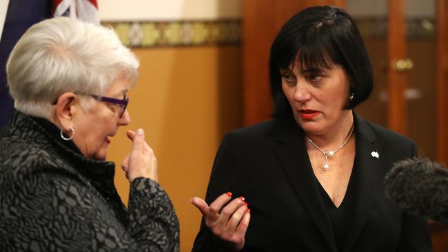 SA Health CEO Vickie Kaminski and Mental Health Minister Leesa Vlahos before the minister walked out on a press conference on Wednesday. Picture: Calum Robertson