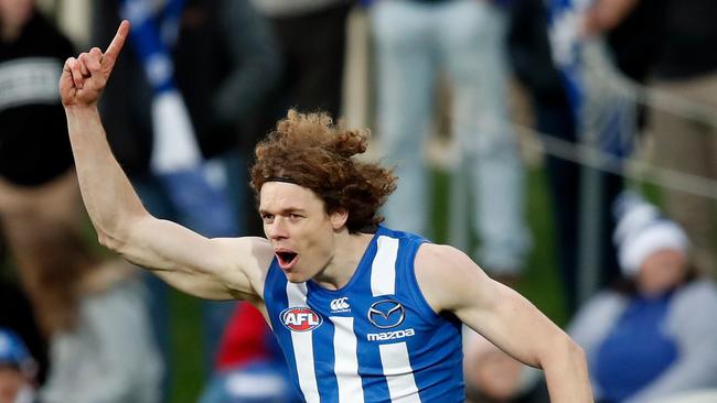 North Melbourne Tasmanian export Ben Brown celebrates a goal against GWS in Hobart. Picture: Adam Trafford/AFL Media/Getty Images