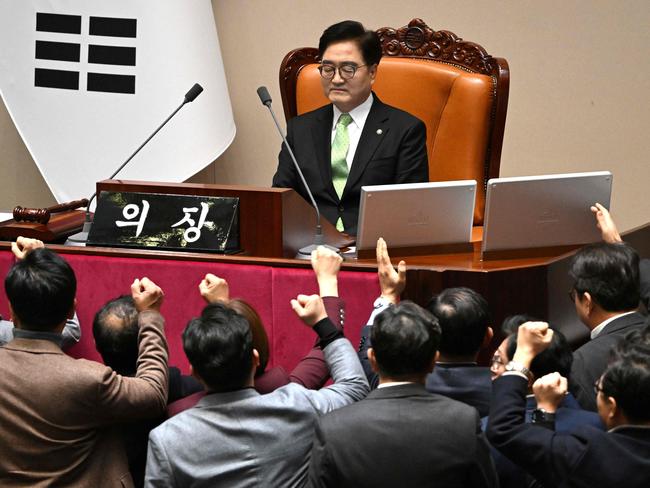 South Korea's ruling People Power Party lawmakers argue to National Assembly Speaker Woo Won-shik during the plenary session for the impeachment vote of acting president Han Duck-soo at the National Assembly in Seoul. Picture: Jung Yeon-Je/AFP