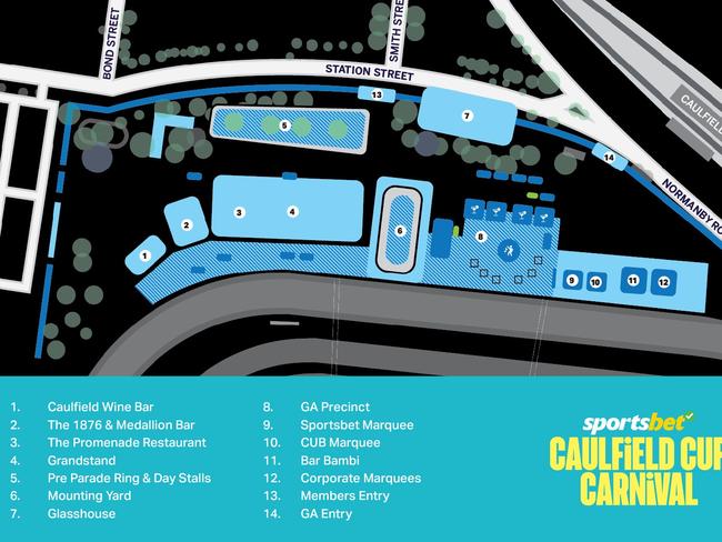 A map of the facilities at the Caulfield Cup 2024.