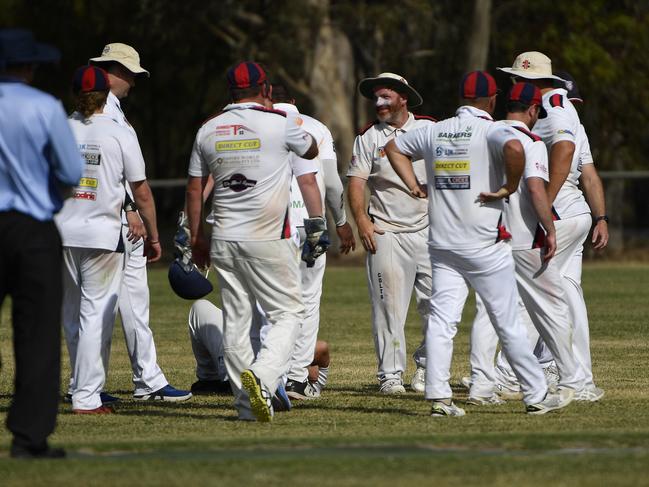 Olympic Colts celebrate the wicket of Fiji Victorian batsman Jude Mendiz. Picture: Andrew Batsch