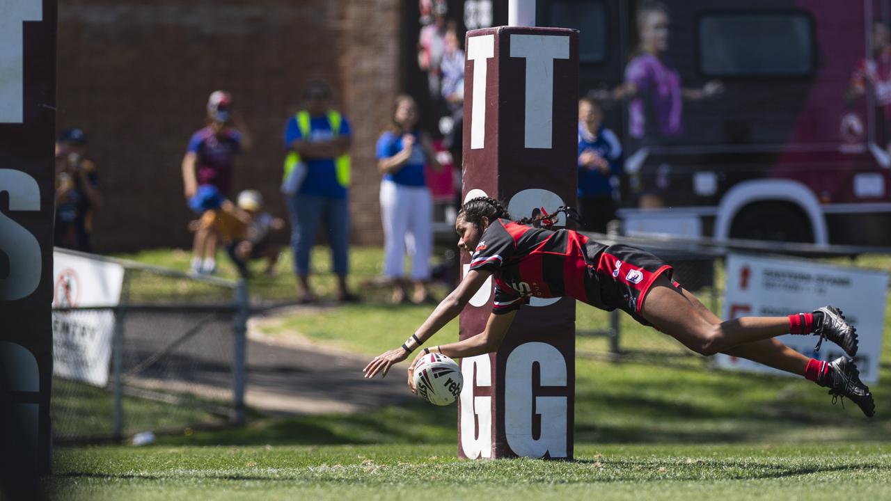 Sedeequa Clevin gets a try for Valleys against Brothers in U15 girls Toowoomba Junior Rugby League grand final at Toowoomba Sports Ground, Saturday, September 7, 2024. Picture: Kevin Farmer