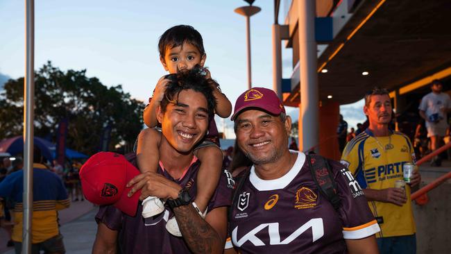 Victor, Joe and Dre Sigakloe wearing Broncos colours at the 2023 NRL match at TIO Stadium. Picture: Pema Tamang Pakhrin