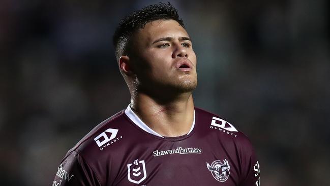 SYDNEY, AUSTRALIA - JUNE 09:  Josh Schuster of the Sea Eagles reacts during the round 15 NRL match between Manly Sea Eagles and Dolphins at 4 Pines Park on June 09, 2023 in Sydney, Australia. (Photo by Jason McCawley/Getty Images)