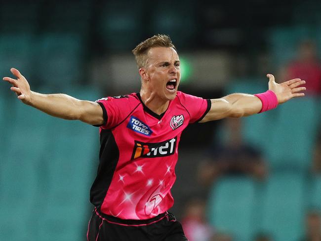 Sixers' Tom Curran makes an lbw appeal during BBL match between the Sydney Sixers and Adelaide Strikers at the SCG. Picture. Phil Hillyard
