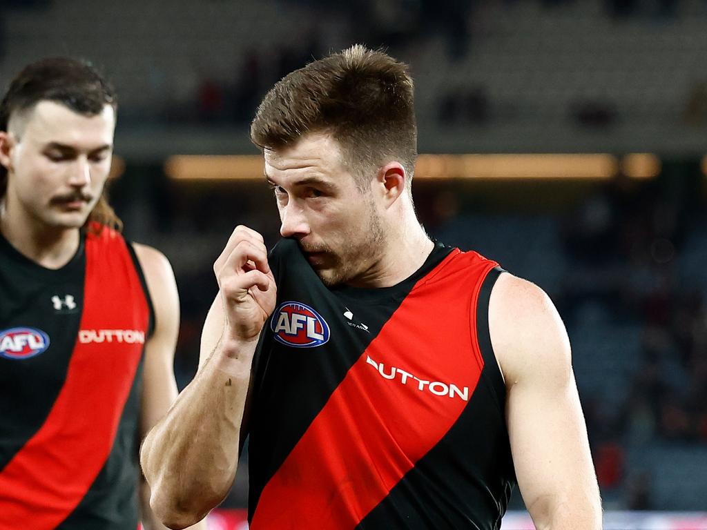 MELBOURNE, AUSTRALIA – JULY 27: Zach Merrett of the Bombers looks dejected after a loss during the 2024 AFL Round 20 match between the St Kilda Saints and the Essendon Bombers at Marvel Stadium on July 27, 2024 in Melbourne, Australia. (Photo by Michael Willson/AFL Photos via Getty Images)