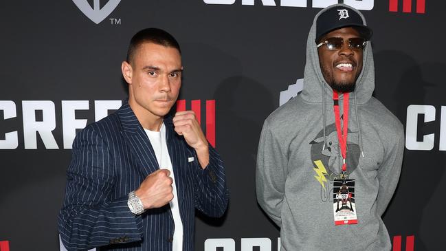 Tim Tszyu and Tony Harrison pose together ahead of the Creed III Sydney Premiere at the Hoyts Entertainment Quarter on February 28, 2023 in Sydney, Australia. (Photo by Mark Metcalfe/Getty Images)