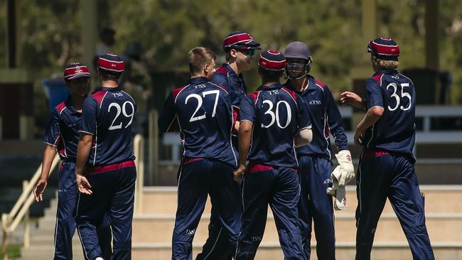 TSS First 11 celebrate the 2nd BHS wicket of Calem McCathie, caught behind as The Southport School v Brisbane State High School at The Southport School/Village Green. Picture: Glenn Campbell