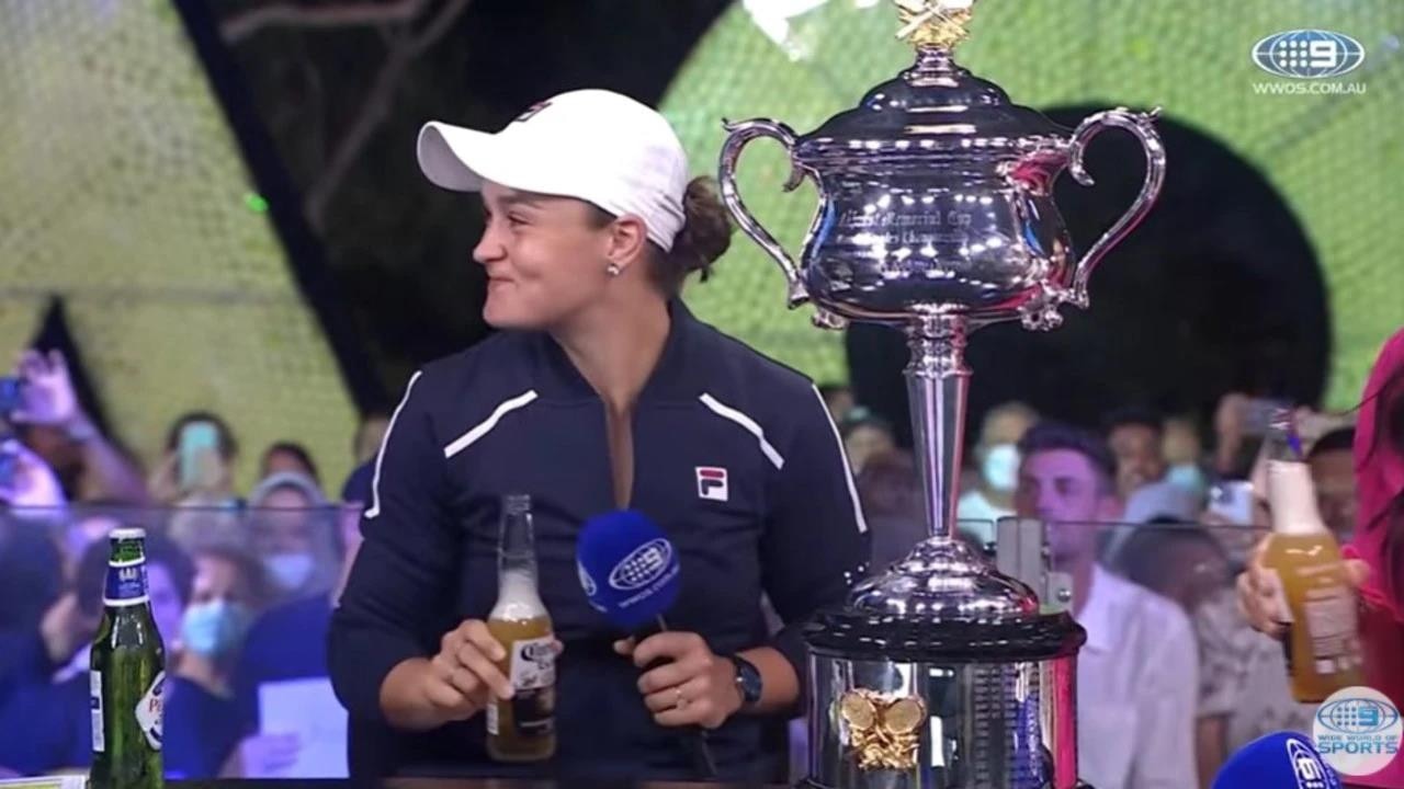 Ash Barty enjoying a cold one.