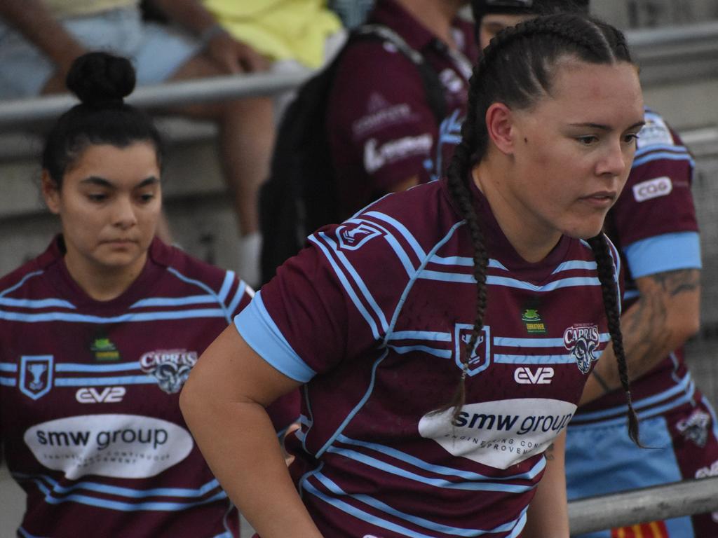 Captain Mariah Storch leads the CQ Capras women out for their Round 1 clash against the West Brisbane Panthers.