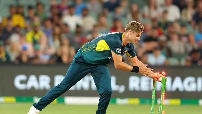 Spencer Johnson of Australia runs out Alzarri Joseph of the West Indies, but as no one appealed he was given not out. Picture: Sarah Reed/Getty Images.