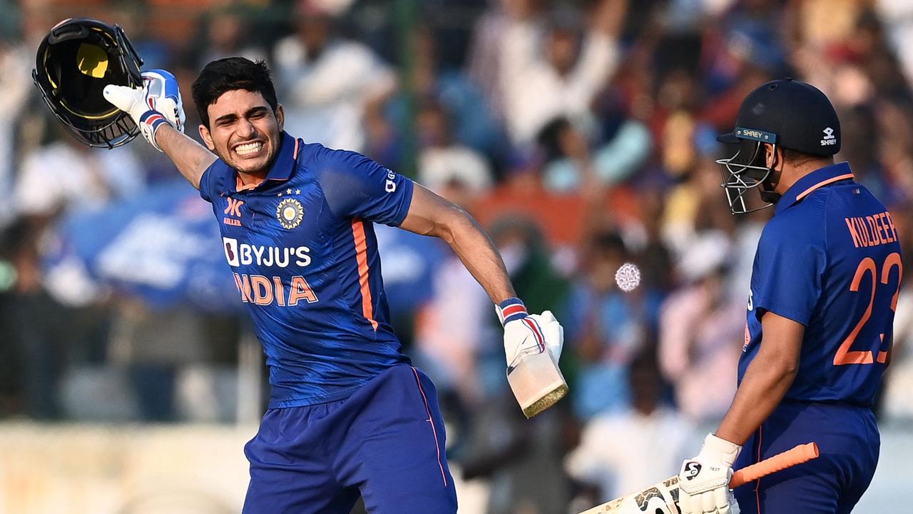 India’s Shubman Gill celebrates after scoring a double century. (Photo by Noah SEELAM / AFP)